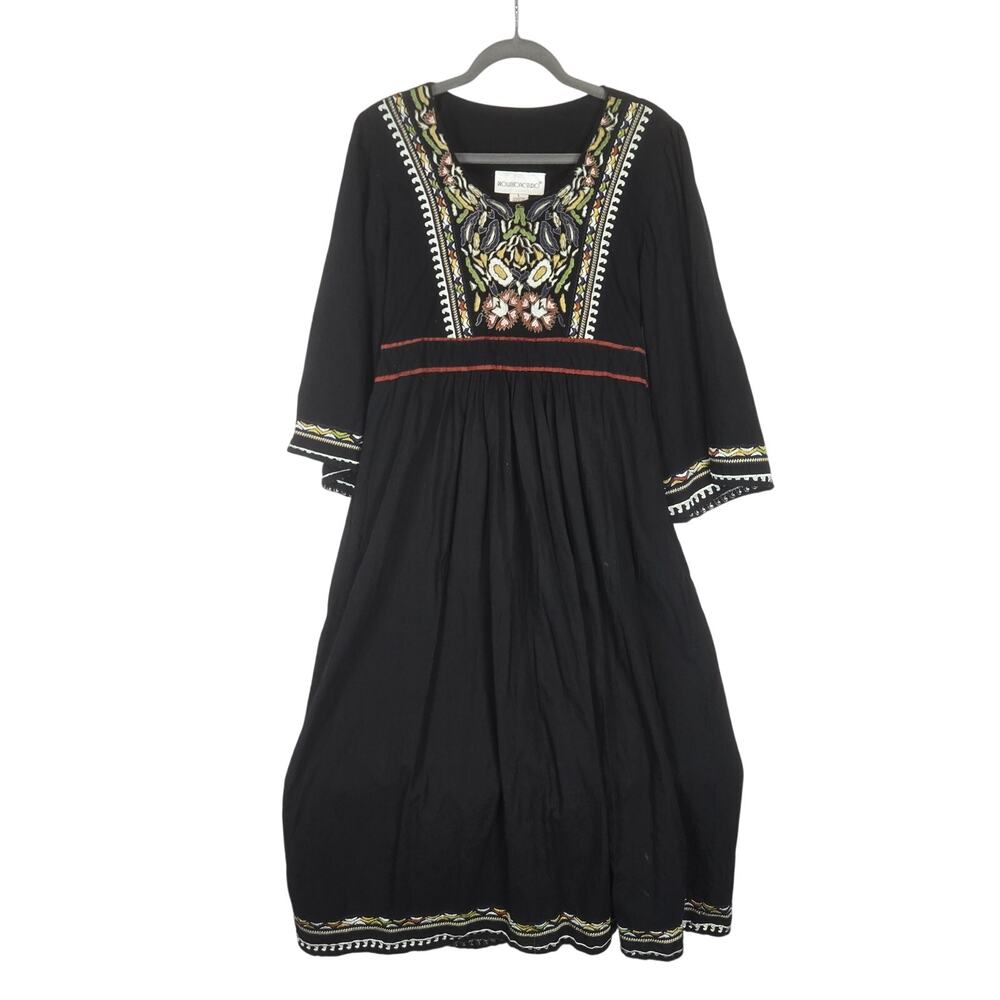 Vtg Black Embroidered Midi Dress L Gauzy Cotton Flare Sleeve 80's 90's Lagenlook